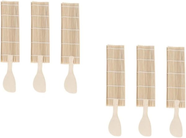 6 Sets 6pcs Square Sushi Mat Set Bamboo Sushi Maker Rolling Mats Rice Paddles
