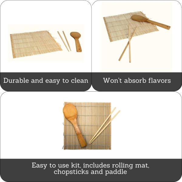 3pc Bamboo Complete Sushi Set (Rolling Mat, Chopsticks & Paddle), Brown - Image 2
