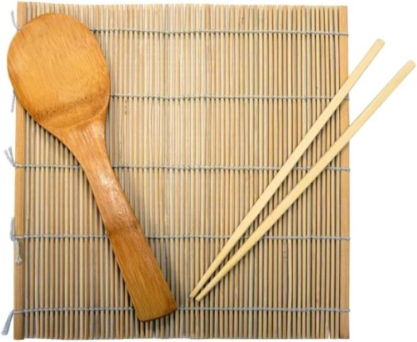 3pc Bamboo Complete Sushi Set (Rolling Mat, Chopsticks & Paddle), Brown