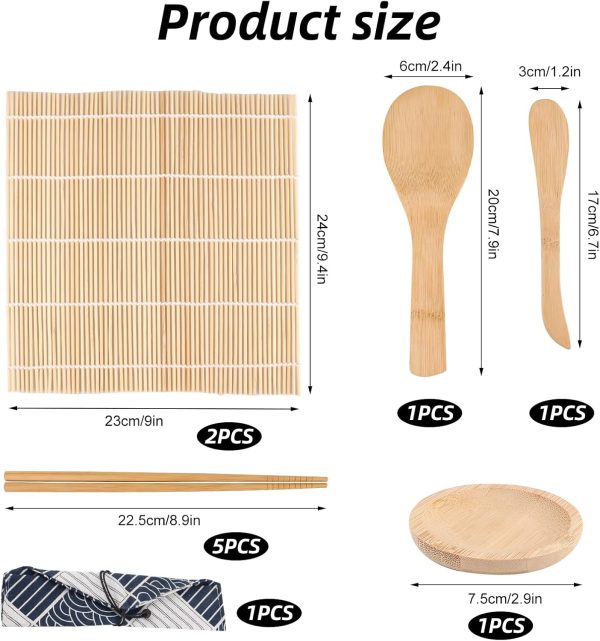 Bamboo Sushi Making Kit for Beginners Include 2 Sushi Rolling Mats,5 Chopsticks,Rice Paddle and 2 Spreaders Set,Natural DIY Sushi Maker Kit for Home Cooking - Image 2