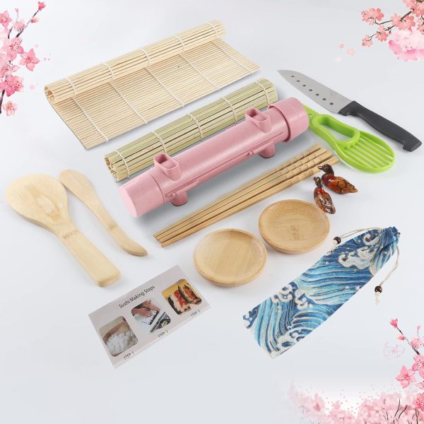 Sushi Making Kit, Sushi Maker Contain Sushi Bazooka/Sushi Roller, Sushi Mat,Paddle,Spreader,Sushi Knife, Chopsticks,Chopsticks Holder, Avocado Slicer, Sauce Dish，Sushi Making Kit for Beginners