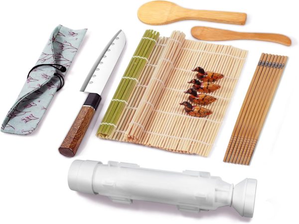 Sushi Making Kit for Beginners, All in One Sushi Maker Set with Sushi Mats Bamboo Roller, Sushi Bazooka, Chopsticks, Paddle, Spreader, Sushi Knife, Chopsticks Holder,  Sushi Kit for Home
