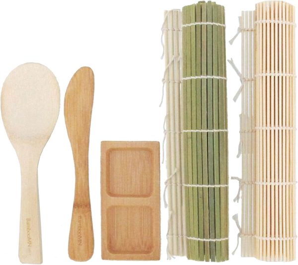 Sushi Mat Kit 3 Sets of Green, Natural Bamboo Rolling Mat, Rice Paddle, Spreader, Sauce Dish - Image 2