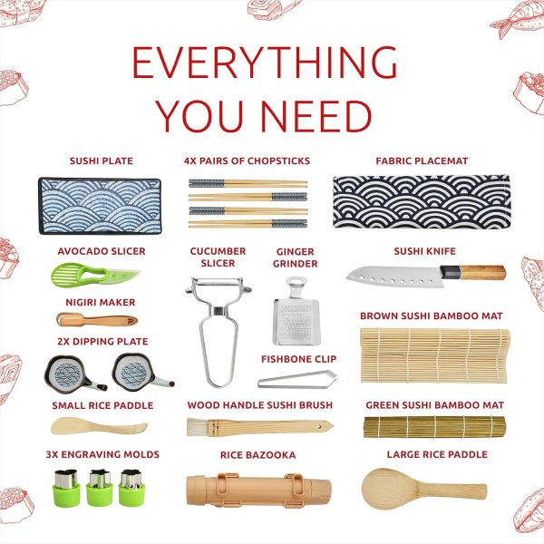 Sushi Making Kit for Beginners and Culinarian -23 Pieces Sushi Maker Kit with Sushi Roller Bamboo Mat Bazooka Mold Chopsticks Slicer Spreader Knife Dipping Plate - Image 2