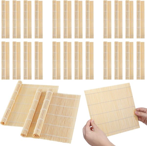 24 Pcs Sushi Mat Bulk Bamboo Sushi Making Roller Non Stick Square Rolling Mat for Home Sushi Party, 9.5" x 9.5"