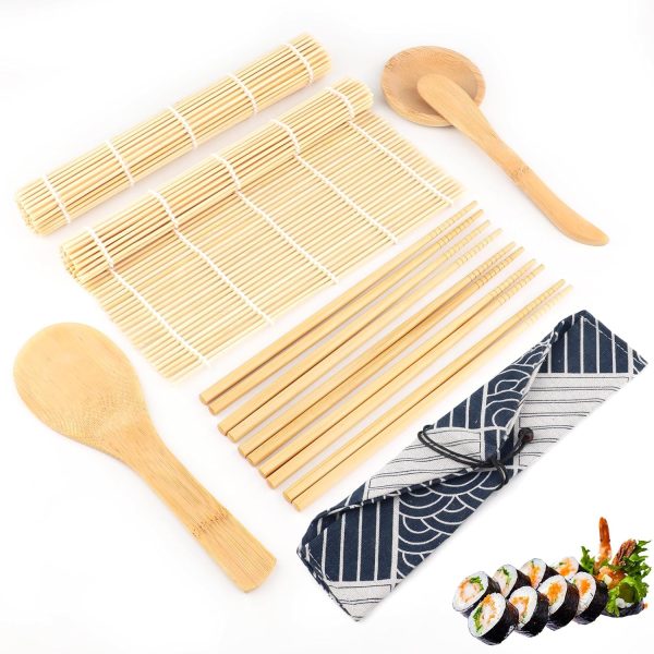 Bamboo Sushi Making Kit for Beginners Include 2 Sushi Rolling Mats,5 Chopsticks,Rice Paddle and 2 Spreaders Set,Natural DIY Sushi Maker Kit for Home Cooking