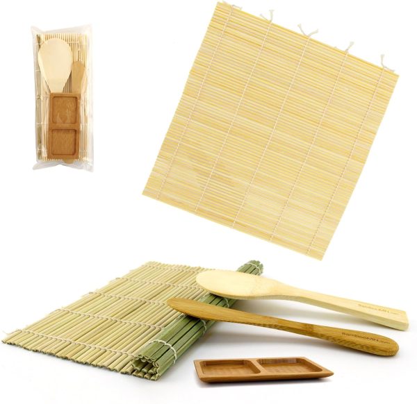 Sushi Mat Kit 3 Sets of Green, Natural Bamboo Rolling Mat, Rice Paddle, Spreader, Sauce Dish