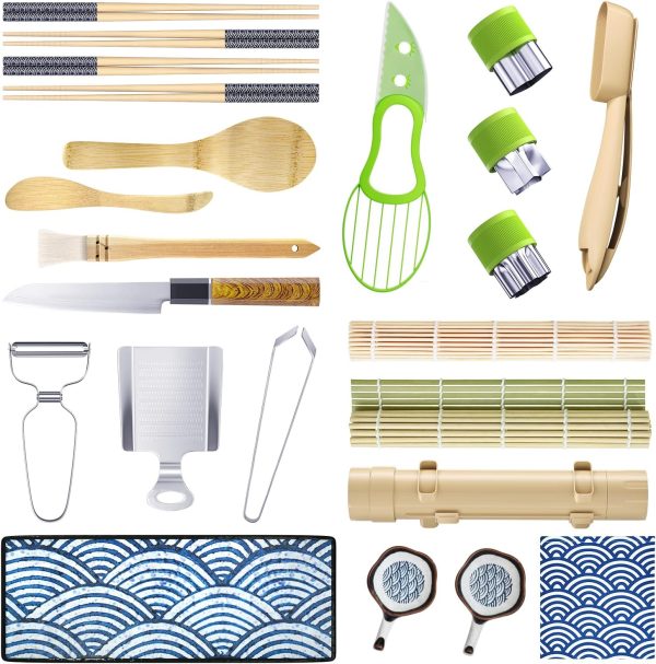 Sushi Making Kit for Beginners and Culinarian -23 Pieces Sushi Maker Kit with Sushi Roller Bamboo Mat Bazooka Mold Chopsticks Slicer Spreader Knife Dipping Plate